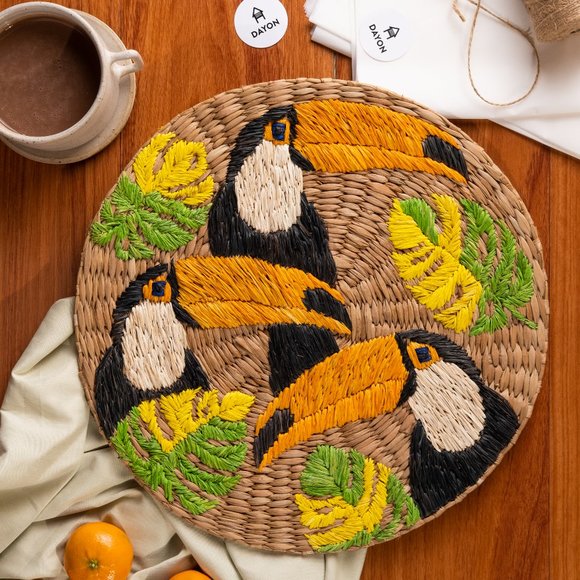 Natural Handmade Rattan Tropical Embroidered Placemat, 13 in diameter - Picture 1 of 4